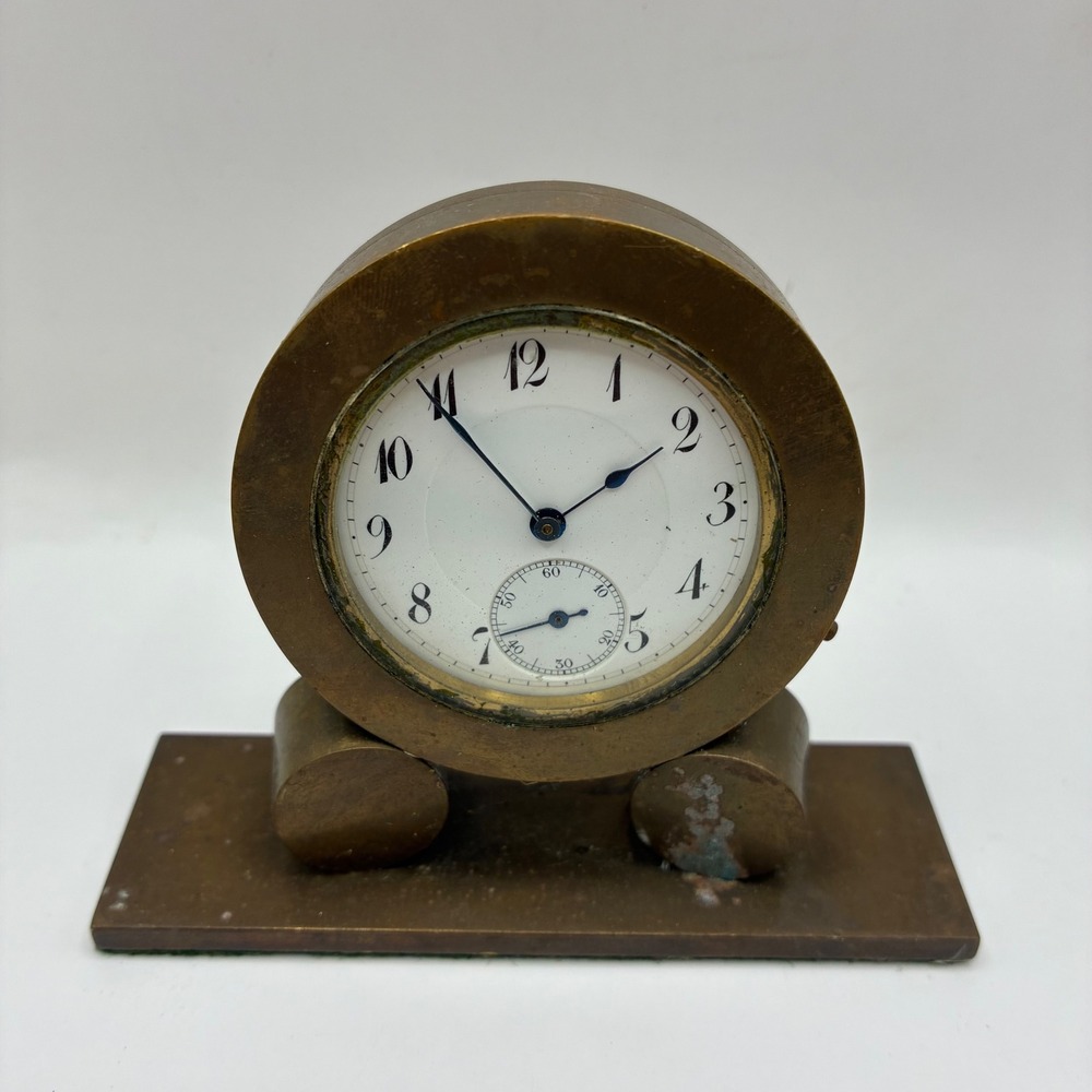 Antique Otto Tischmeyer Altona Brass Desk Clock Exhibition Back Blued Steel Hand